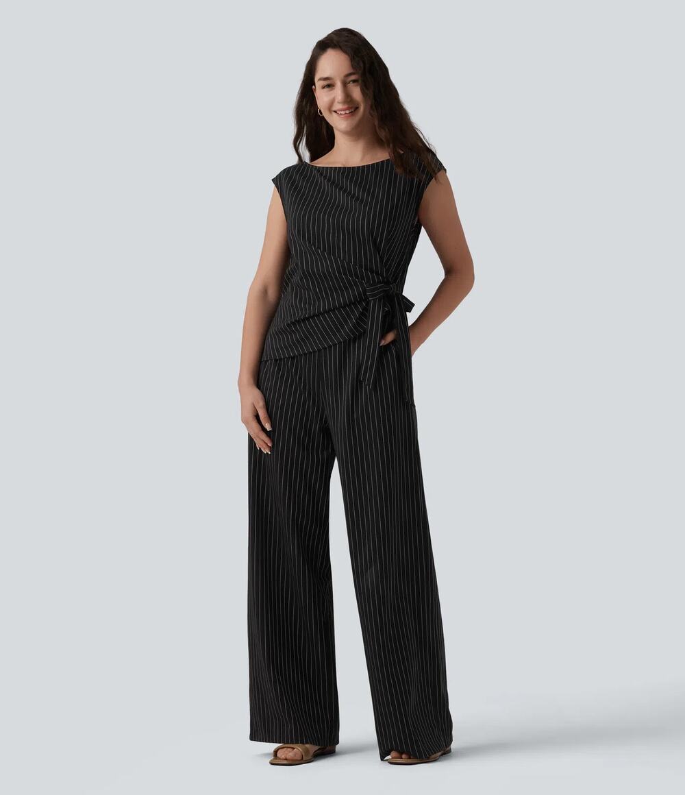 NEW Halara Striped Jumpsuit Women's Black Pinstripe Side Tie Boat Neck Size MP